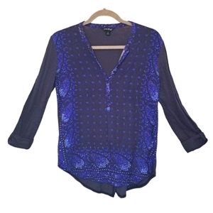 Lucky Brand Blue Paisley Floral Henley Split Neck Top Size Small
